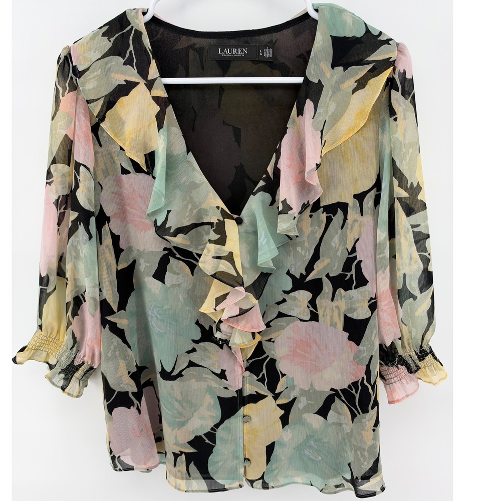 Lauren Ralph Lauren Floral Ruffle Trim Blouse Women L Pink Green Romantic Whimsy